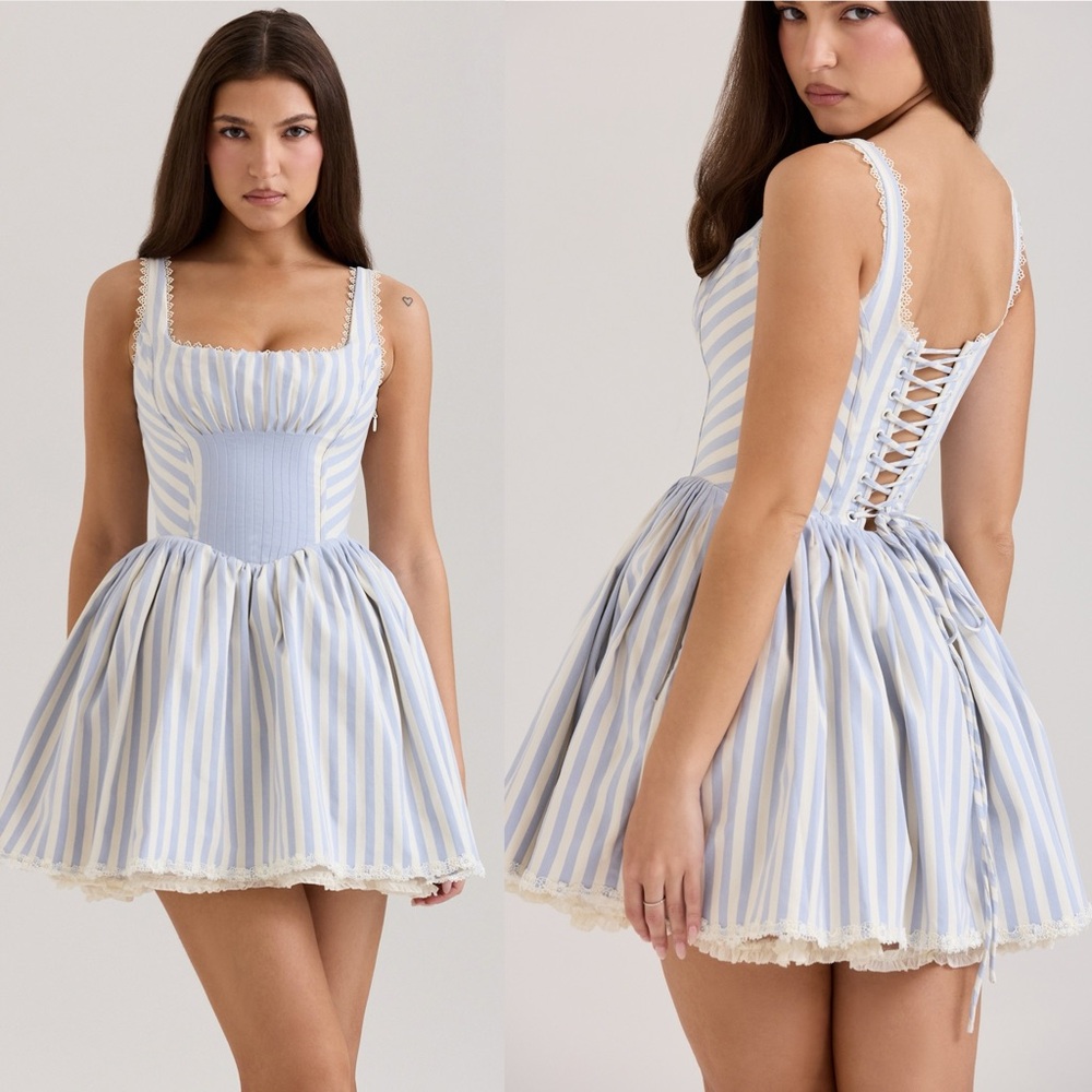 HOUSE OF CB ' Liesl Blue striped pintucked mini Dress NWOT blue sz XS Tall long